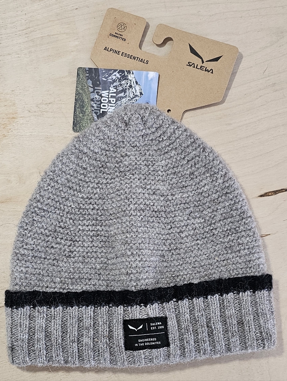 Salewa Men's Light Gray Knit Beanie with Black Trim 100% Sheep Wool